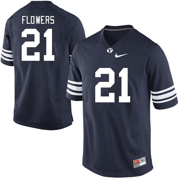 Men #21 Dylan Flowers BYU Cougars College Football Jerseys Stitched Sale-Navy
